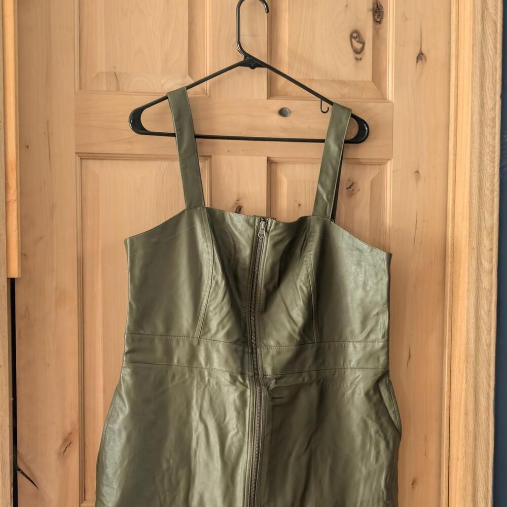 Olive Green Faux Leather Zip Front Mini Dress Y2K Moto Biker